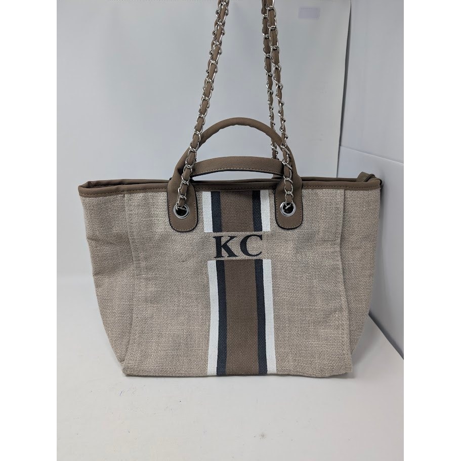 Lily & Bean London Canvas Tote Bag Monogram Kc Striped Chain Handle Beige — image 4 of 6